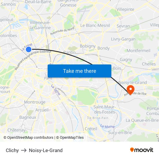Clichy to Noisy-Le-Grand map