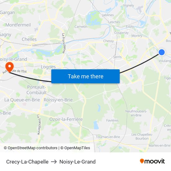 Crecy-La-Chapelle to Noisy-Le-Grand map