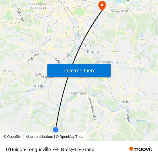 D'Huison-Longueville to Noisy-Le-Grand map
