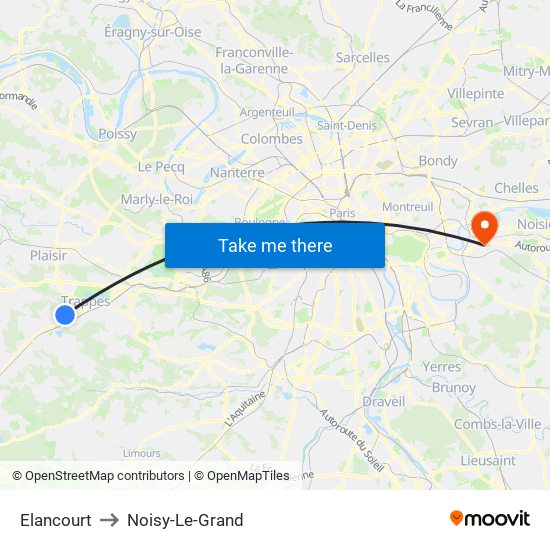 Elancourt to Noisy-Le-Grand map