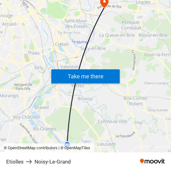 Etiolles to Noisy-Le-Grand map