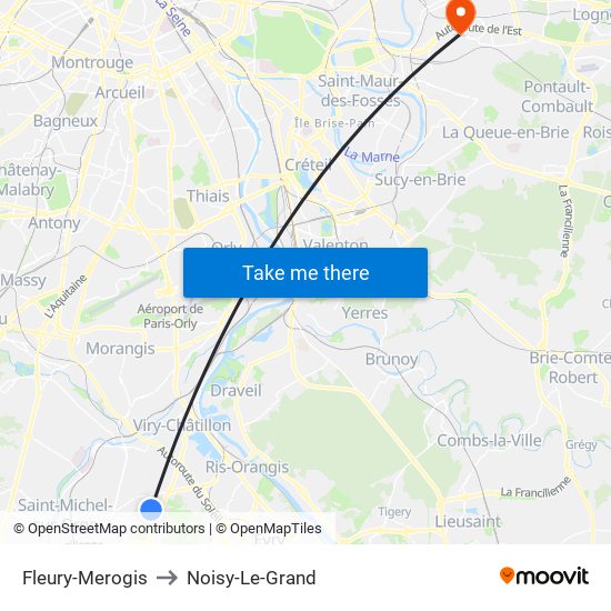 Fleury-Merogis to Noisy-Le-Grand map