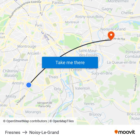 Fresnes to Noisy-Le-Grand map