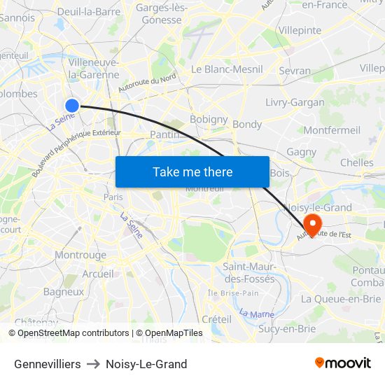 Gennevilliers to Noisy-Le-Grand map