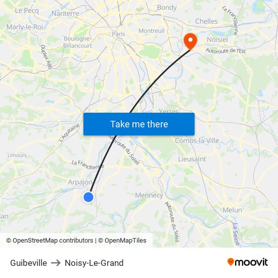 Guibeville to Noisy-Le-Grand map