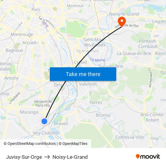 Juvisy-Sur-Orge to Noisy-Le-Grand map