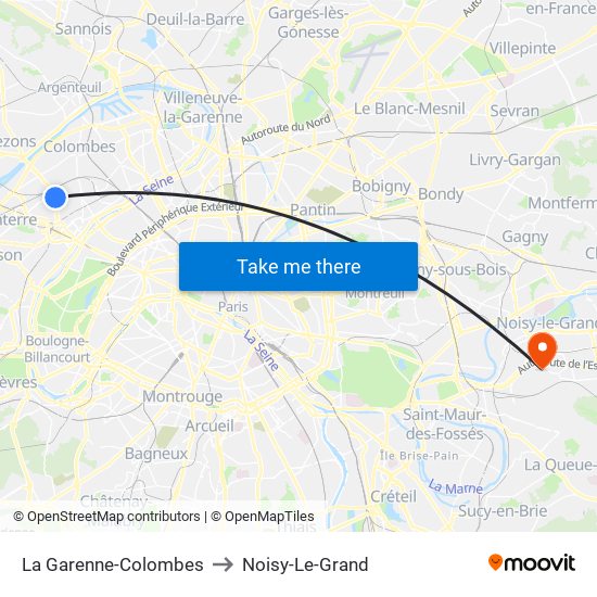 La Garenne-Colombes to Noisy-Le-Grand map