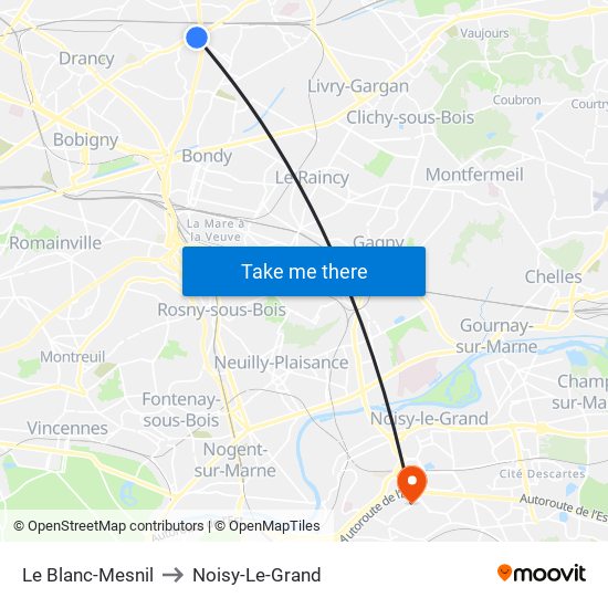 Le Blanc-Mesnil to Noisy-Le-Grand map