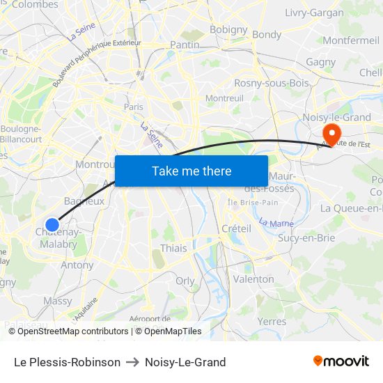 Le Plessis-Robinson to Noisy-Le-Grand map