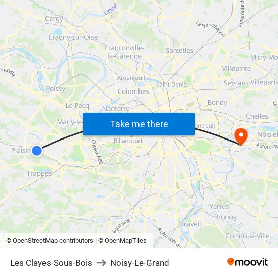 Les Clayes-Sous-Bois to Noisy-Le-Grand map
