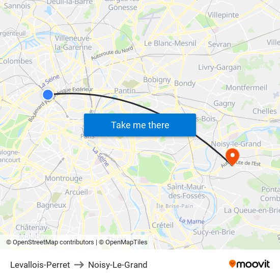 Levallois-Perret to Noisy-Le-Grand map