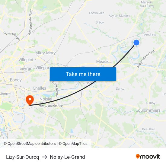 Lizy-Sur-Ourcq to Noisy-Le-Grand map