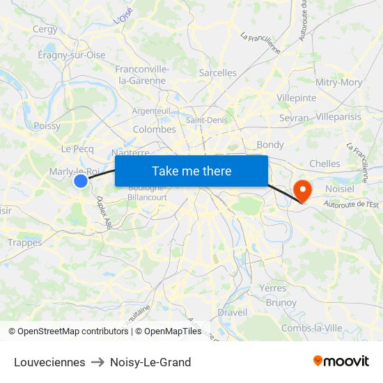 Louveciennes to Noisy-Le-Grand map