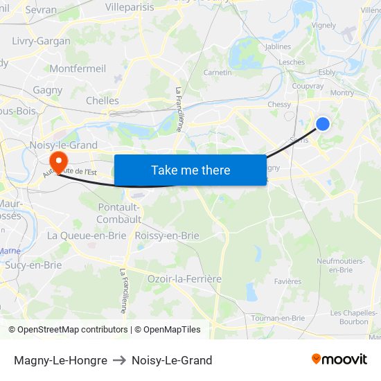 Magny-Le-Hongre to Noisy-Le-Grand map