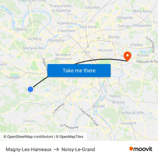 Magny-Les-Hameaux to Noisy-Le-Grand map