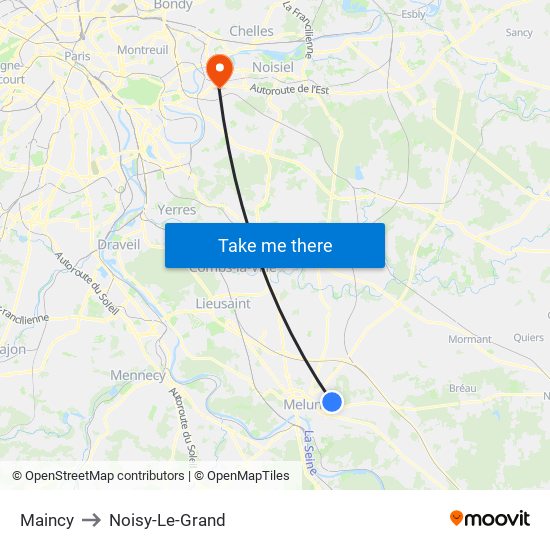 Maincy to Noisy-Le-Grand map