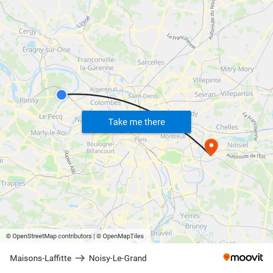 Maisons-Laffitte to Noisy-Le-Grand map