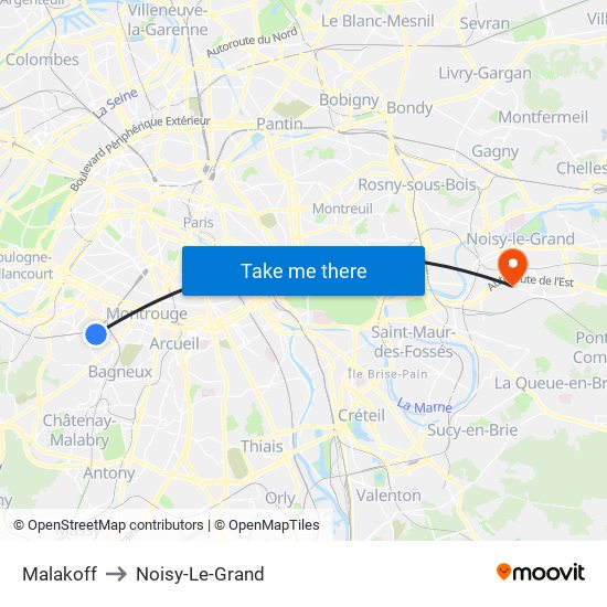 Malakoff to Noisy-Le-Grand map