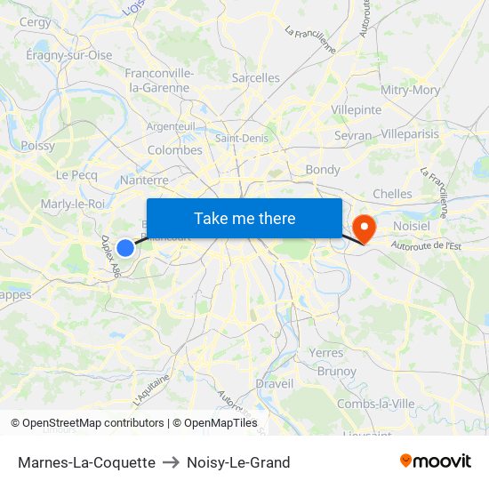 Marnes-La-Coquette to Noisy-Le-Grand map