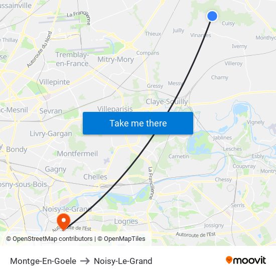 Montge-En-Goele to Noisy-Le-Grand map