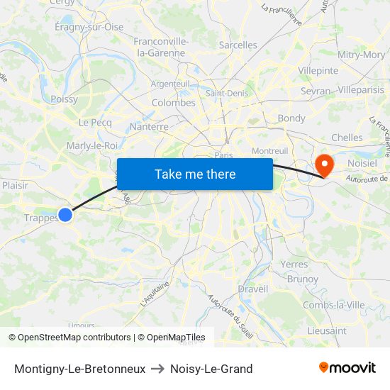 Montigny-Le-Bretonneux to Noisy-Le-Grand map