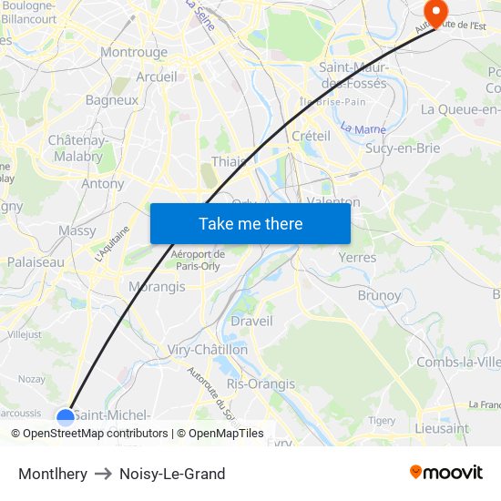 Montlhery to Noisy-Le-Grand map