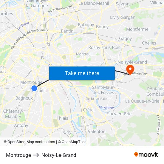 Montrouge to Noisy-Le-Grand map
