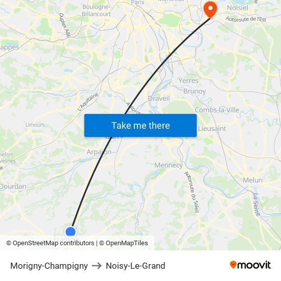 Morigny-Champigny to Noisy-Le-Grand map