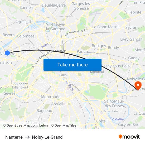 Nanterre to Noisy-Le-Grand map