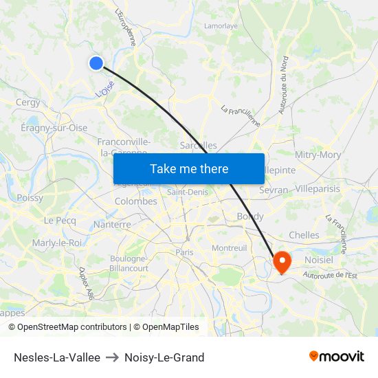 Nesles-La-Vallee to Noisy-Le-Grand map