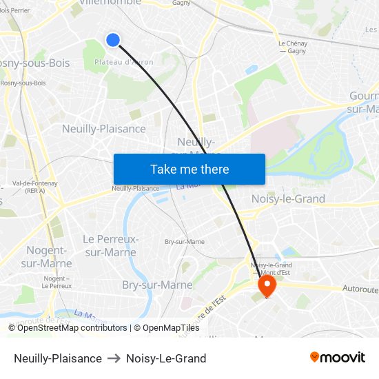 Neuilly-Plaisance to Noisy-Le-Grand map