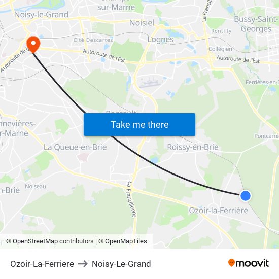 Ozoir-La-Ferriere to Noisy-Le-Grand map