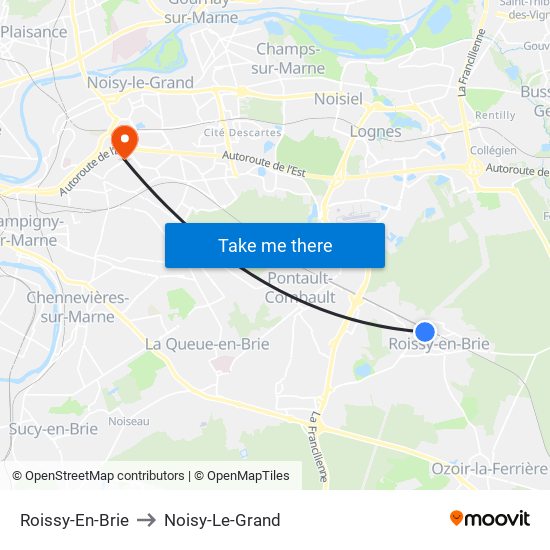 Roissy-En-Brie to Noisy-Le-Grand map