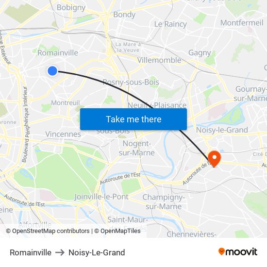 Romainville to Noisy-Le-Grand map