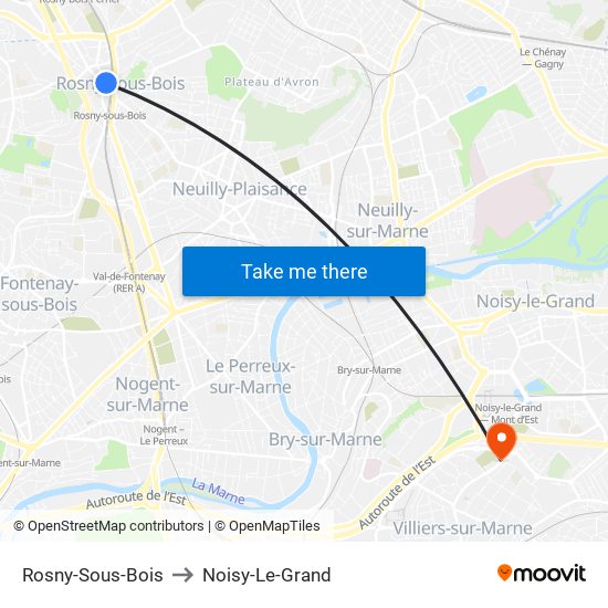 Rosny-Sous-Bois to Noisy-Le-Grand map