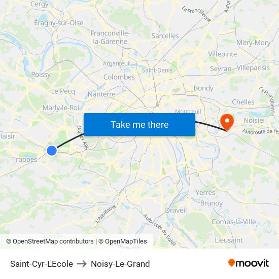 Saint-Cyr-L'Ecole to Noisy-Le-Grand map