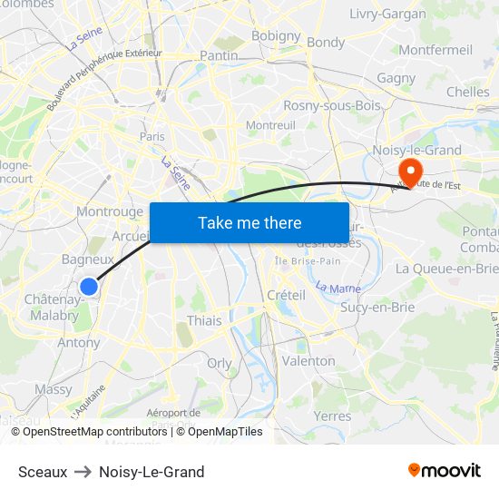 Sceaux to Noisy-Le-Grand map