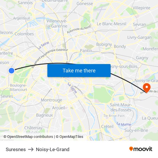 Suresnes to Noisy-Le-Grand map