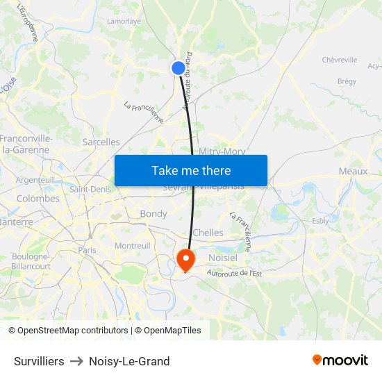Survilliers to Noisy-Le-Grand map