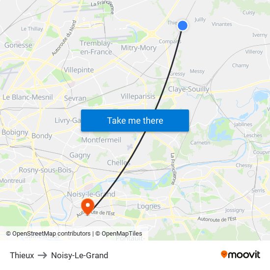 Thieux to Noisy-Le-Grand map