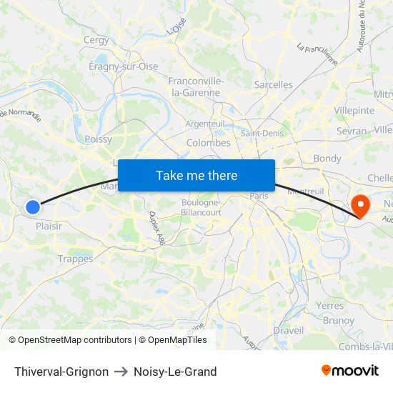 Thiverval-Grignon to Noisy-Le-Grand map