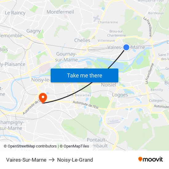 Vaires-Sur-Marne to Noisy-Le-Grand map