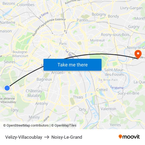 Velizy-Villacoublay to Noisy-Le-Grand map