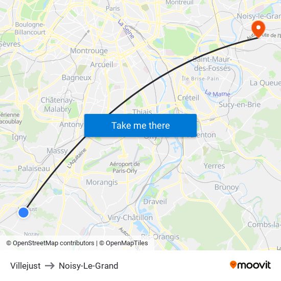 Villejust to Noisy-Le-Grand map