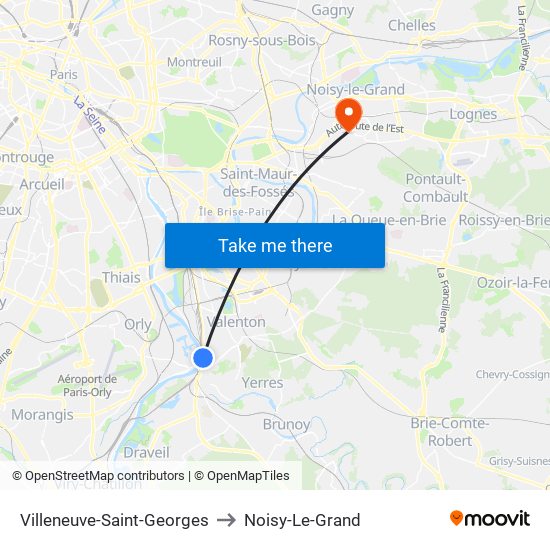 Villeneuve-Saint-Georges to Noisy-Le-Grand map