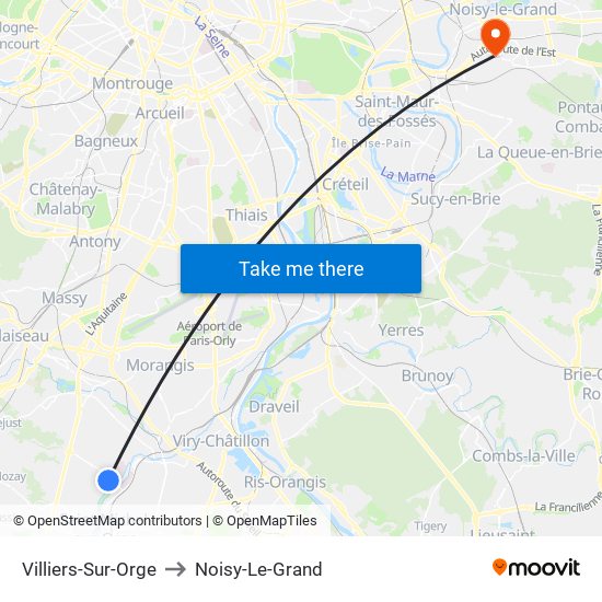 Villiers-Sur-Orge to Noisy-Le-Grand map