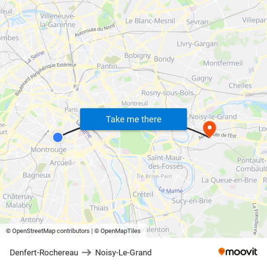 Denfert-Rochereau to Noisy-Le-Grand map