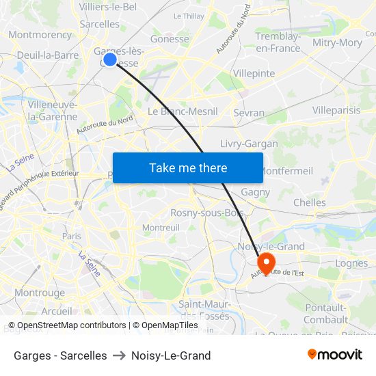Garges - Sarcelles to Noisy-Le-Grand map