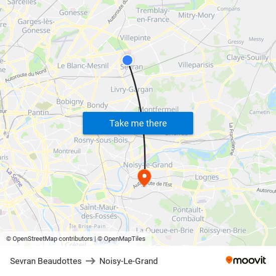 Sevran Beaudottes to Noisy-Le-Grand map