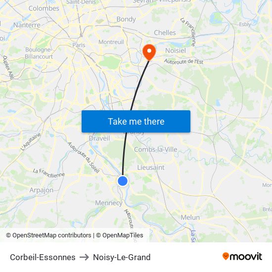 Corbeil-Essonnes to Noisy-Le-Grand map
